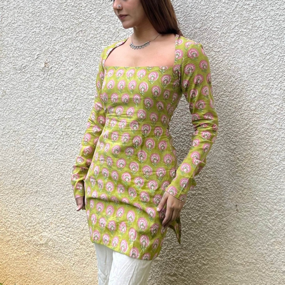Green Hand Block Print Long Sleeve Kurti